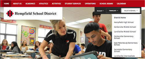 Screenshot of the Hempfield School District main page with the dropdown for selecting a school open. 